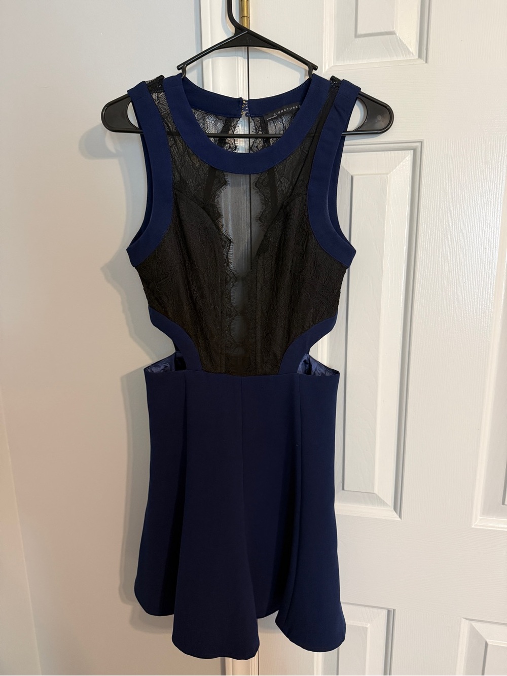 Sleeveless Navy Dress with Black Lace Inset